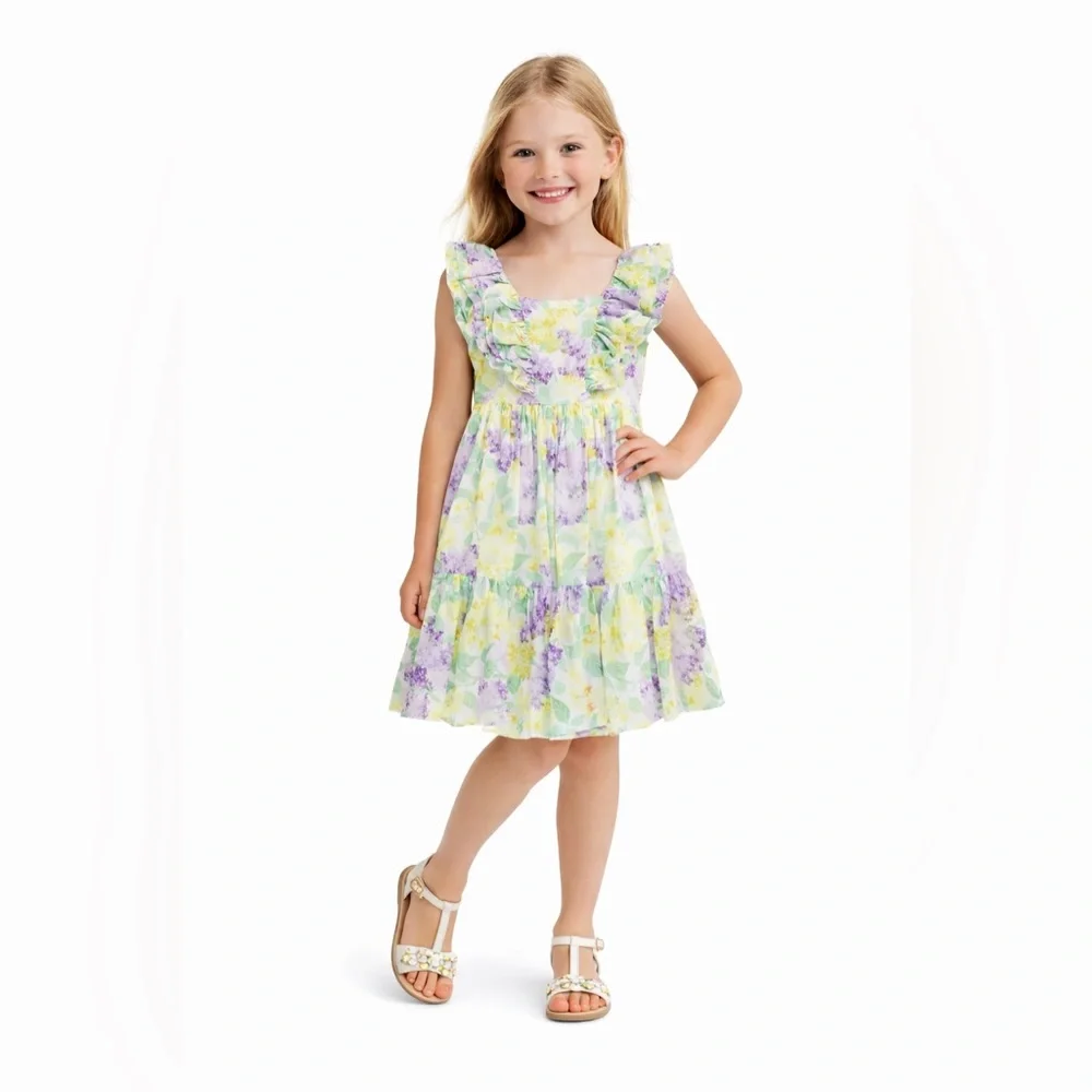 Janie and Jack Girls Floral Ruffle Tiered Dress Size 6 Purple Yellow